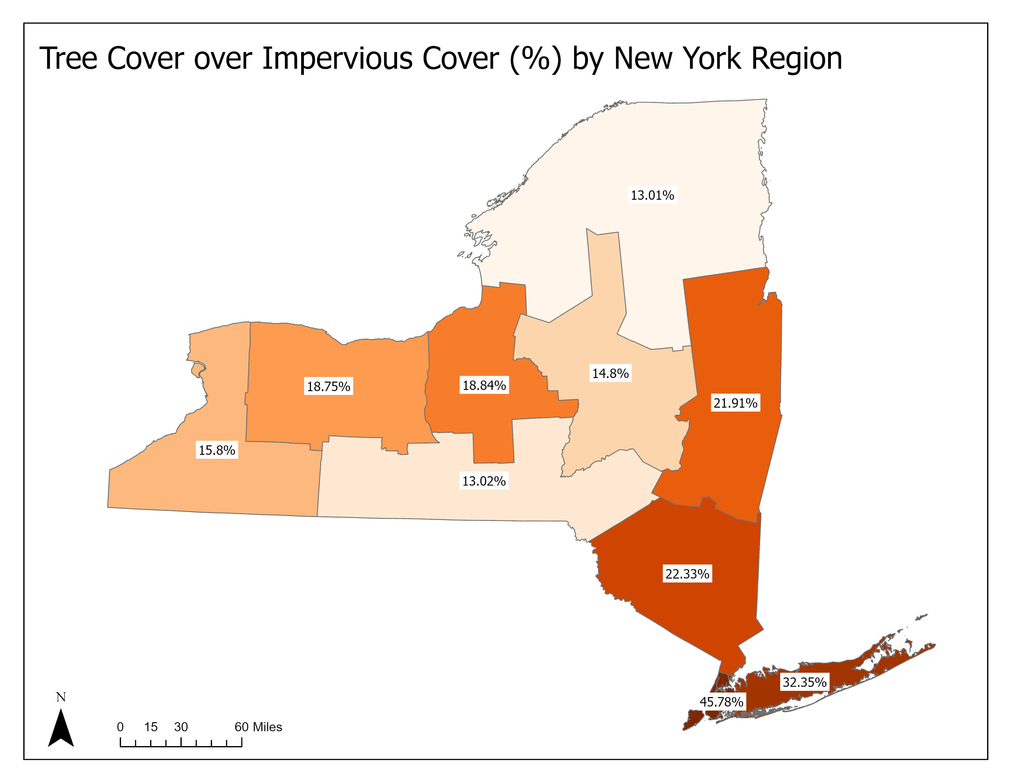 Urban Tree Cover over Impervious Cover map